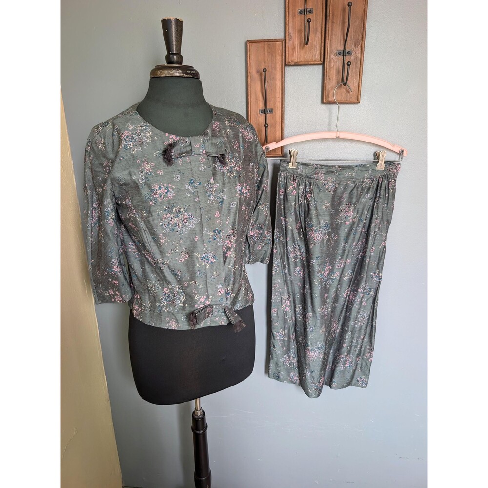 Vintage 60s Skirt Suit; Sage Green Skirt Set